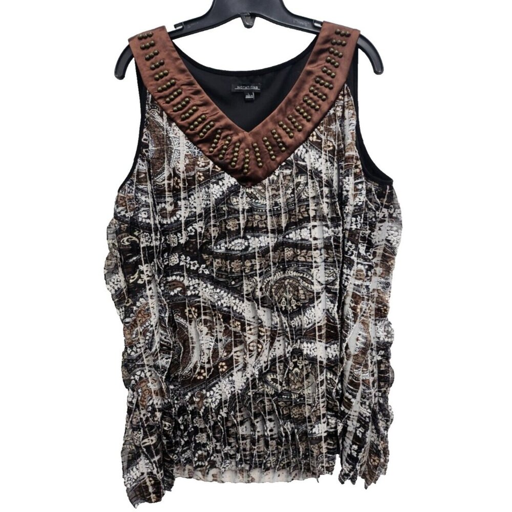 Vintage Y2K Notations Womens Fairy Tank Top Large Brown Floral Beaded Ruffle
